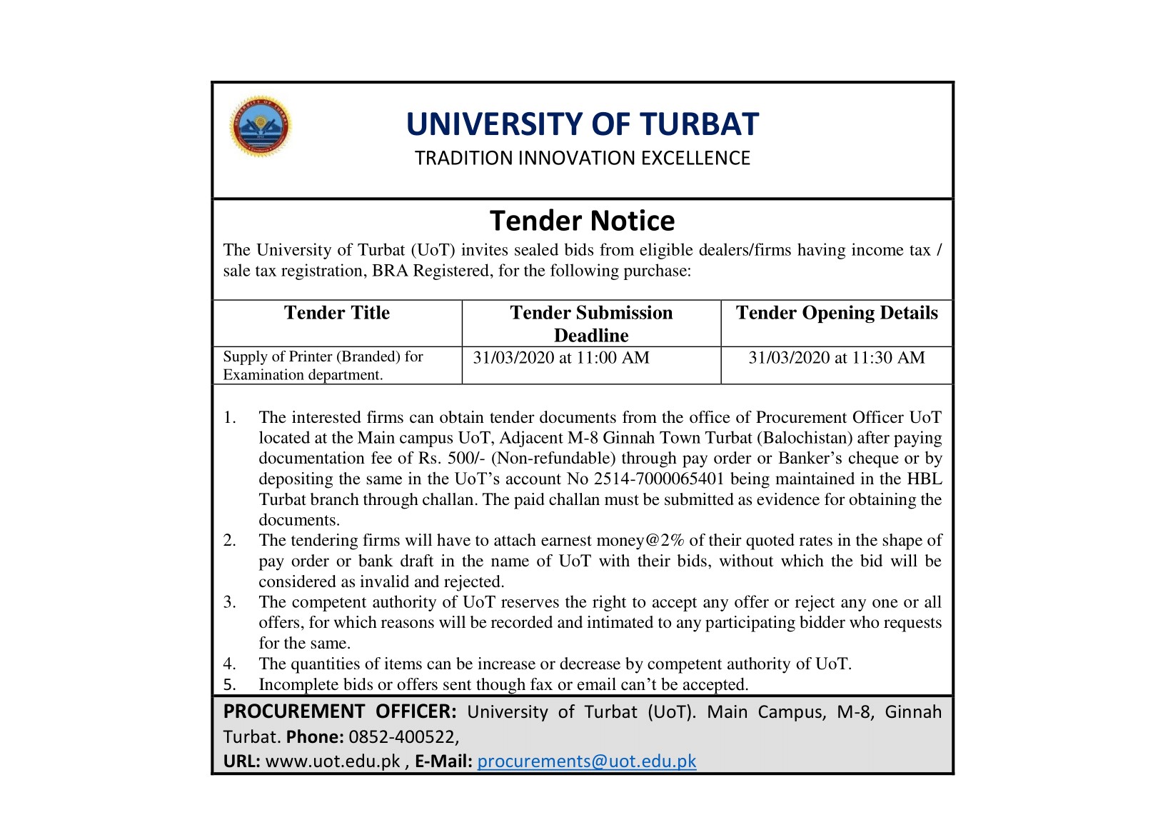 Tender Notice (Supply of Printer for Examination Department) 