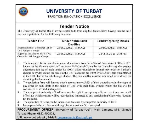 Tender Notice (Establishment of Computer Lab in UoT Panjgur Campus & Supply & Installation of 50 KVA Genset in UoT Panjgur Campus)
