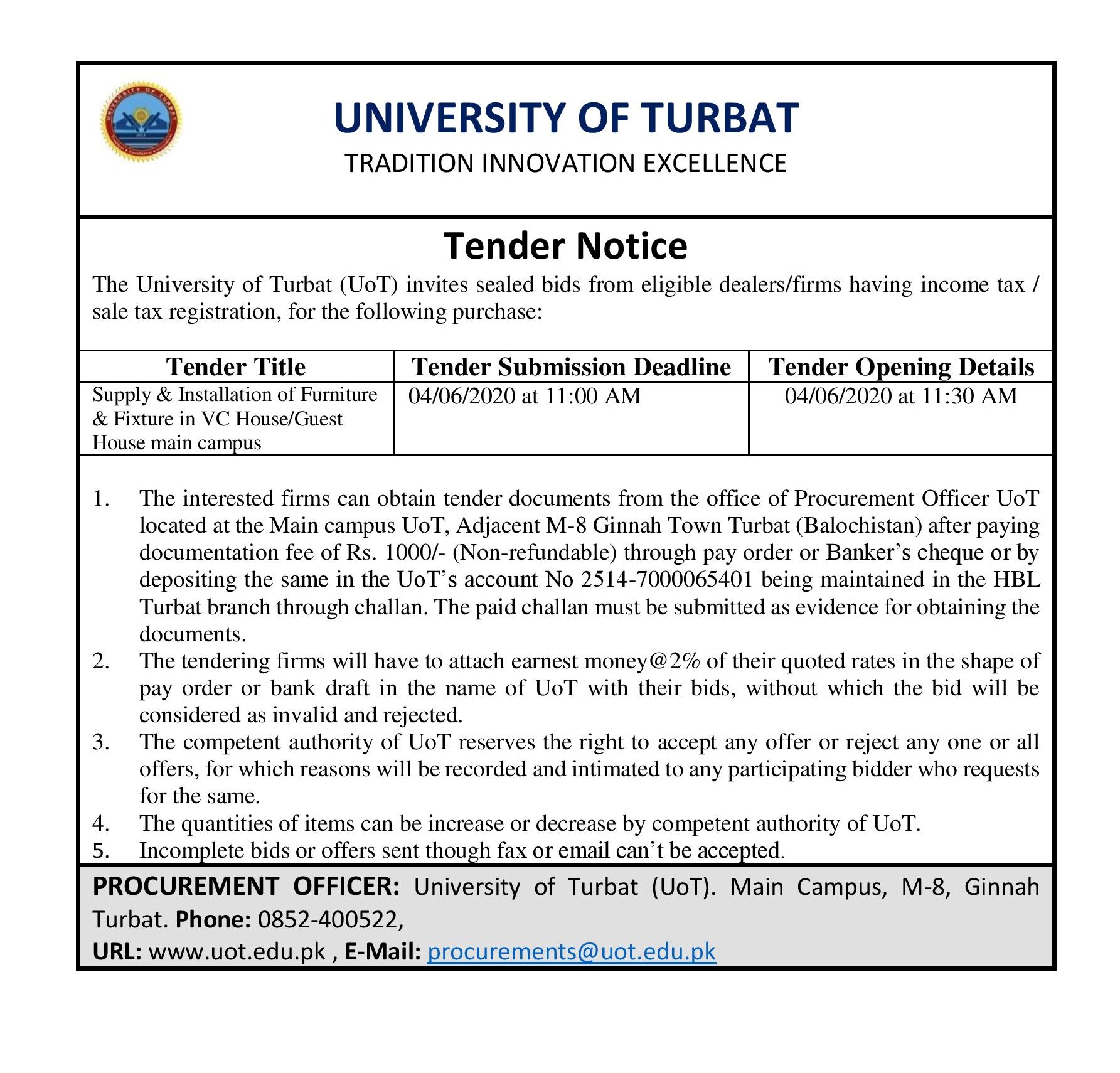 Tender Notice (Supply of Furniture & Fixture for VC House/ Guest House at UoT main campus)