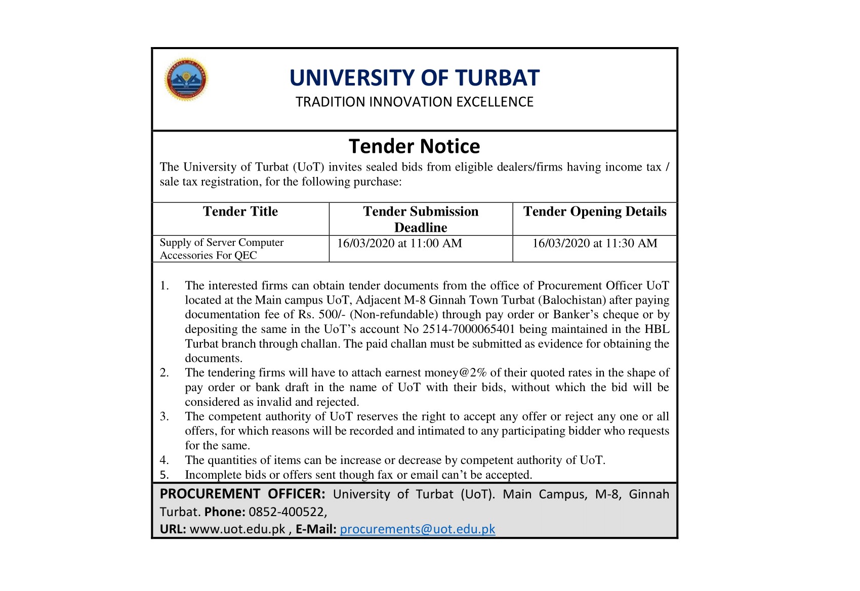 Tender Notice (Supply of Server Computer Accessories For QEC)